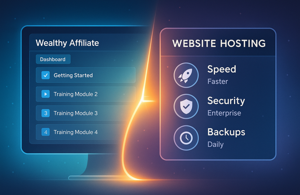 Wealthy Affiliate dashboard screen glowing with training modules on one side and fast hosting features on the other. A website setup panel highlights benefits like speed, security, and backups. Clean, modern, professional design.