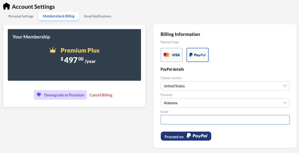 WA Account Settings showing billing information and the PayPal option
