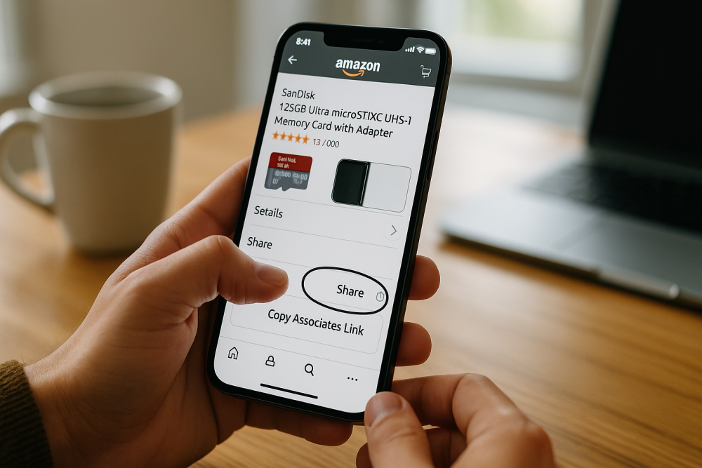 Person using Amazon Mobile GetLink on a smartphone to create affiliate links.