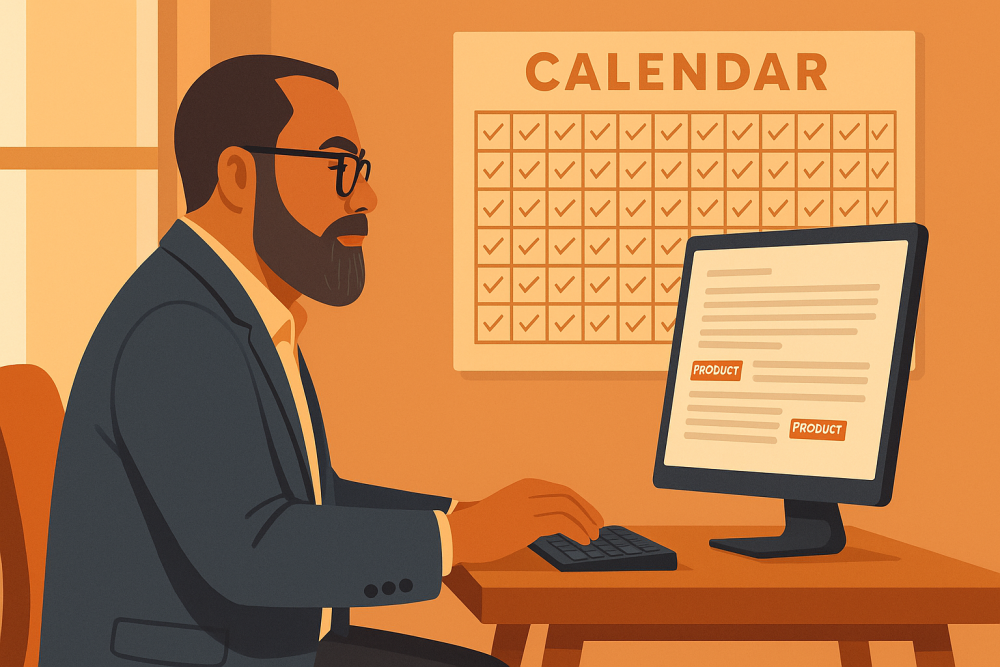 A professional affiliate marketer sits at a modern desk, typing blog posts on a computer screen with product links. Behind him, a large wall calendar filled with gold check marks represents 365 days of daily posting and consistency, symbolizing dedication and long-term commitment in affiliate marketing.