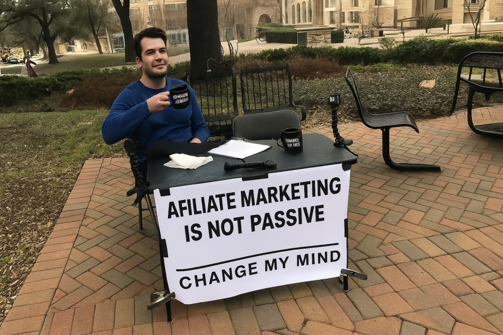 A man at a table holding a coffee mug with a sign that says “Affiliate Marketing Is Not Passive – Change My Mind.