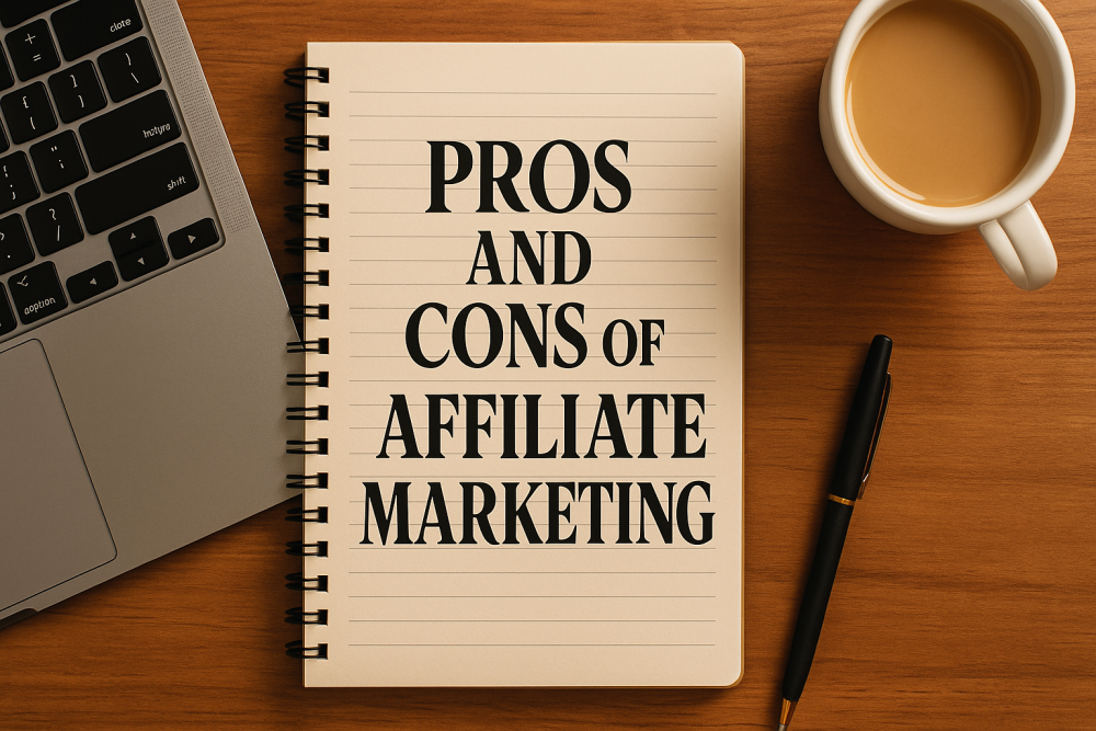 A desk setup showing a laptop and notebook representing the pros and cons of affiliate marketing.