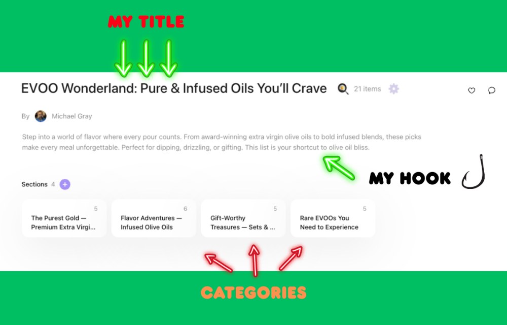 Categories, Title and Hook on Benable