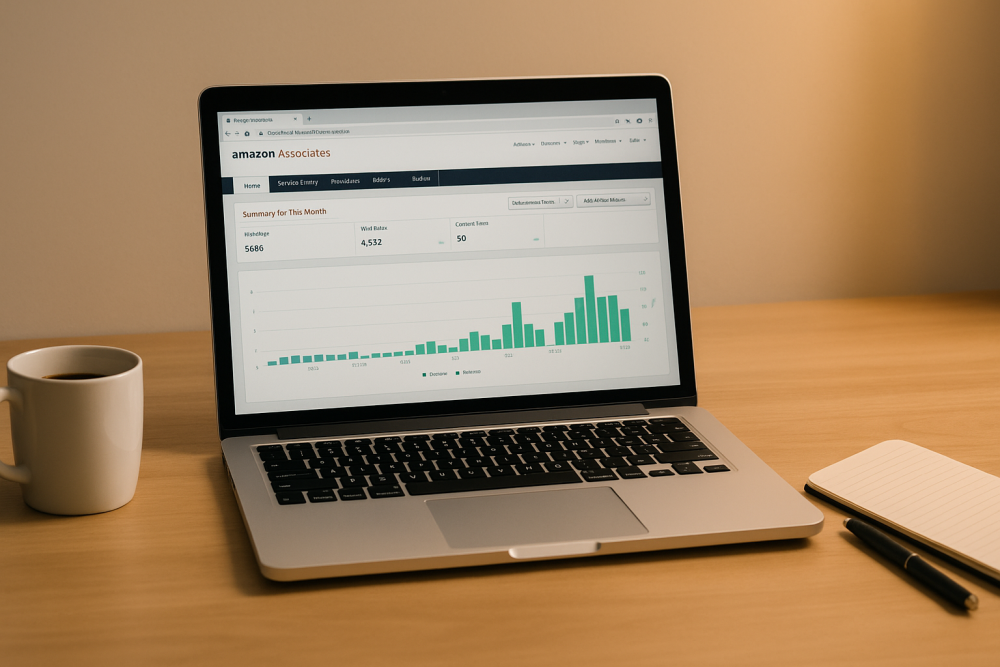 Laptop showing Amazon Associates dashboard with notes and coffee — guide for Amazon Associates beginners.