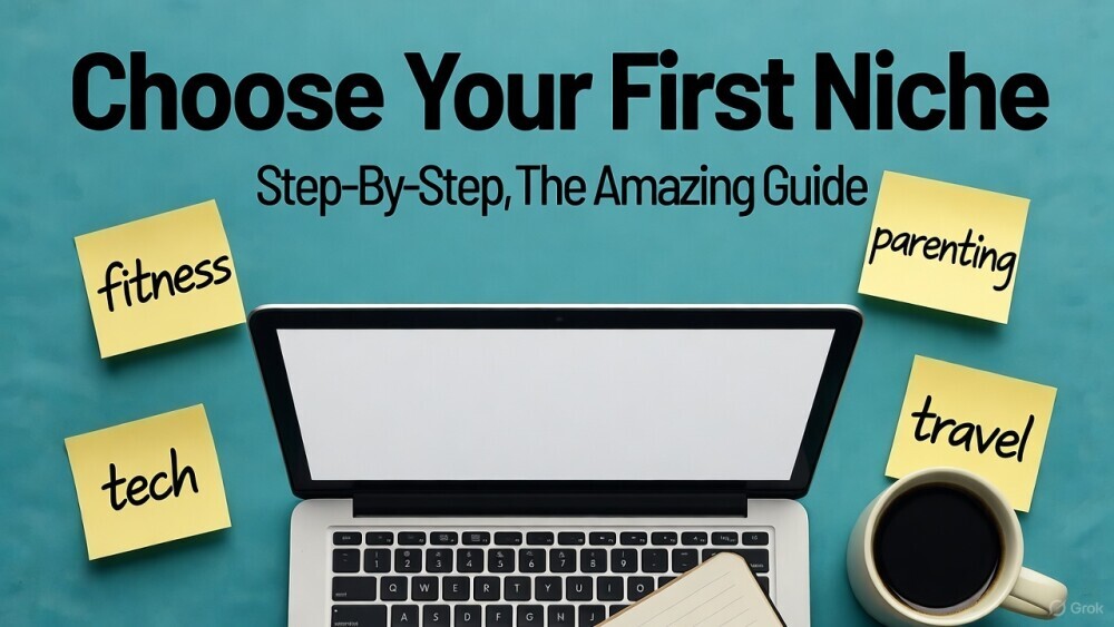 Flat-lay image of a modern workspace with a laptop, notebook, coffee mug, and sticky notes labeled with niche ideas like fitness, parenting, tech, and travel. Bold text overlay reads “Choose Your First Niche – Step-by-Step, The Amazing Guide.”