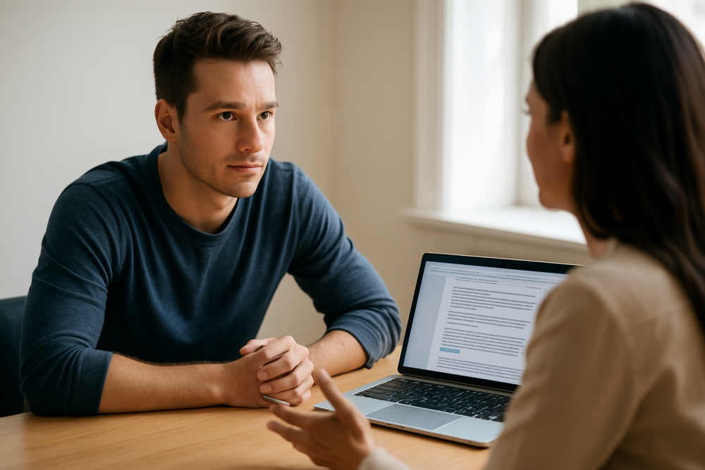 A blogger listens closely to a person across the desk, showing that audience connection comes from listening, not just writing.