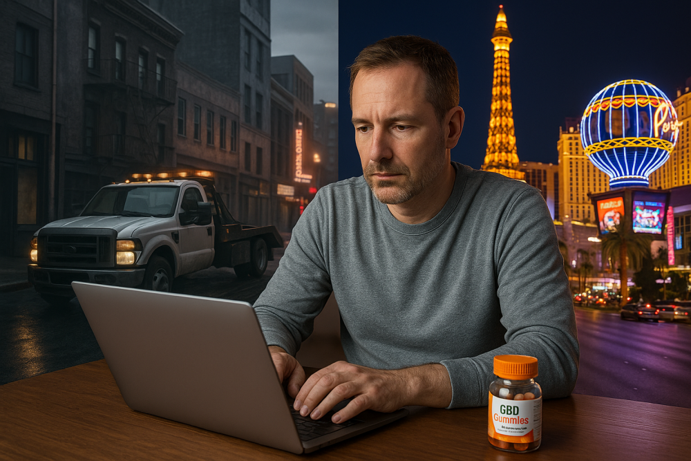 A man at a desk with a laptop, split background of a tow truck and Las Vegas lights, with a bottle of gummies on the desk, symbolizing an affiliate marketing journey.