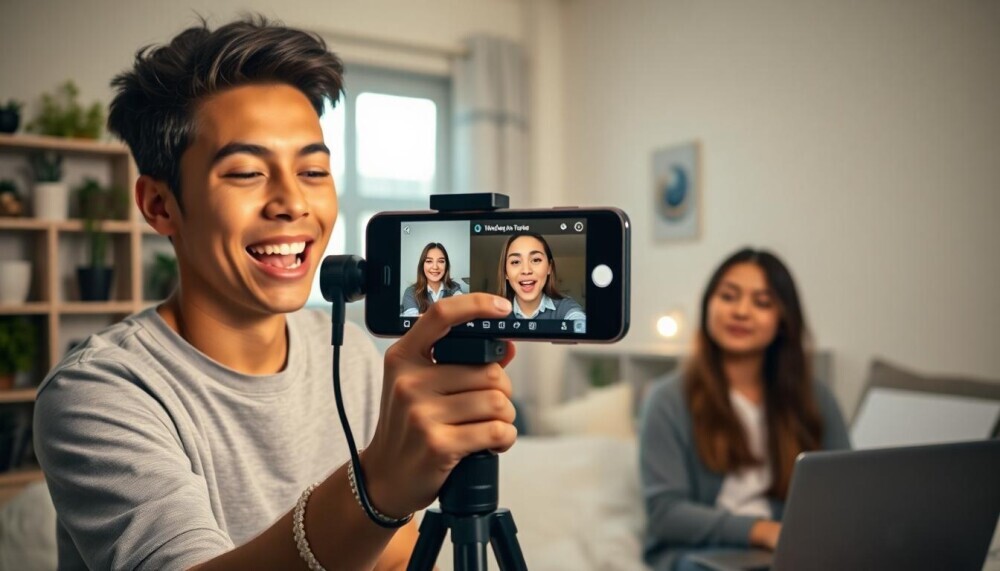 Creator filming a TikTok video using a ring light and smartphone in a bright room.