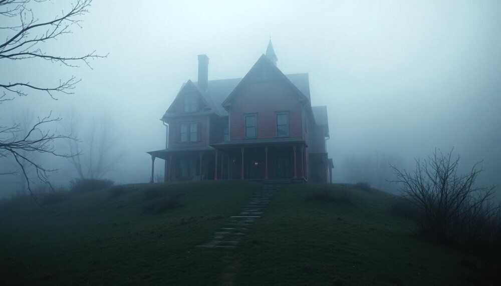 mysterious red house on a misty hill