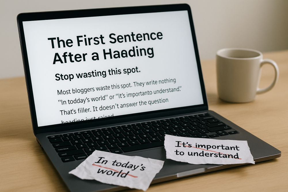 First sentence after a heading shown on a blog post screen, highlighting how strong openers grab attention.