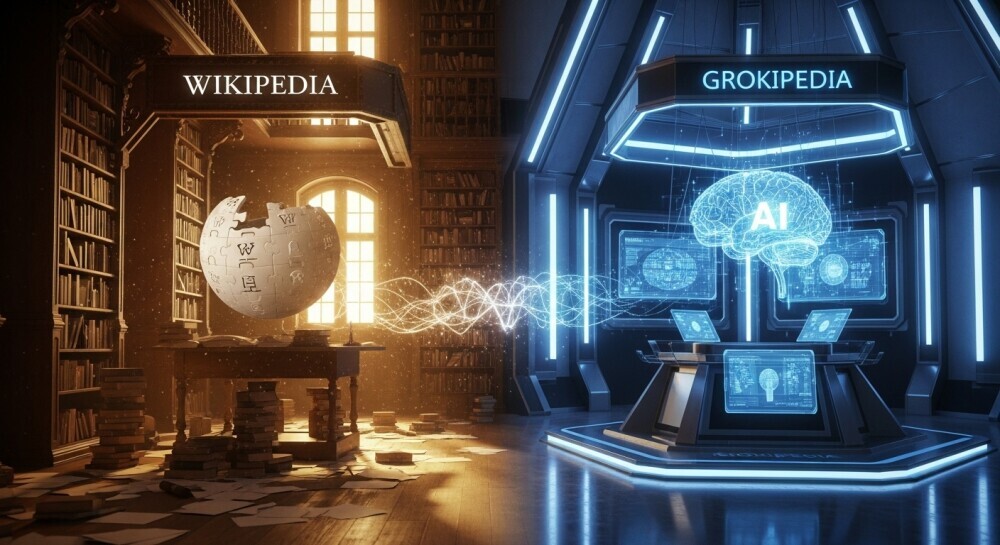 Comparison of Wikipedia’s human knowledge base and Grokipedia’s AI-driven system in a split-scene visual.