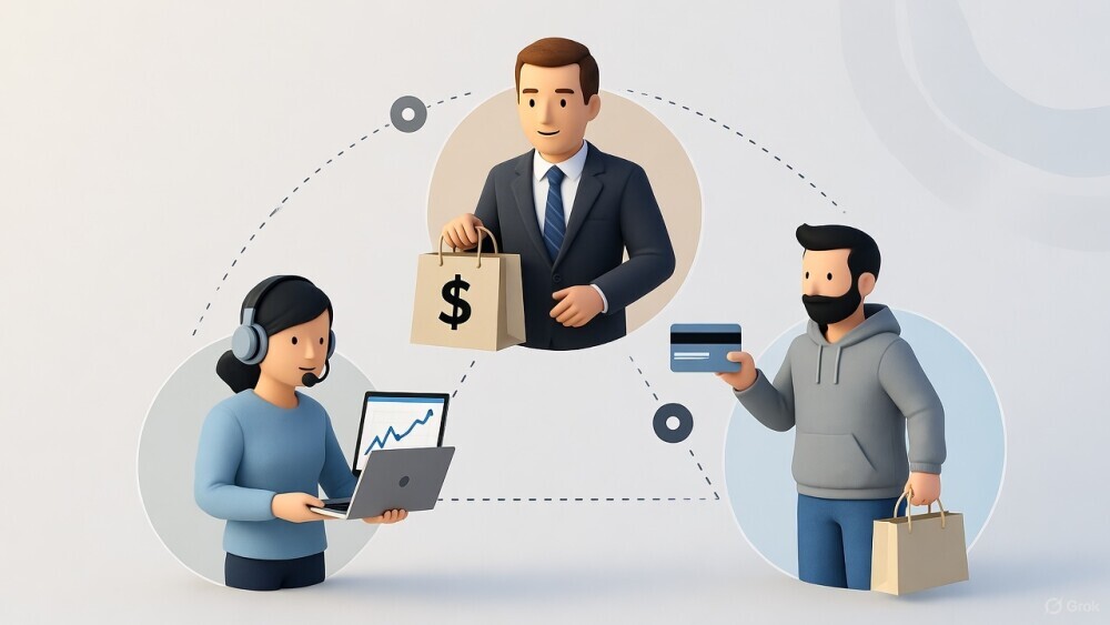 the sales triangle Merchant, affiliate and customer 