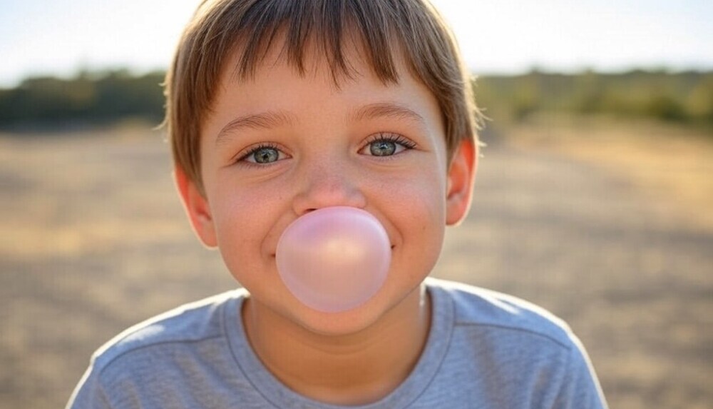 kid blowing a bubble 