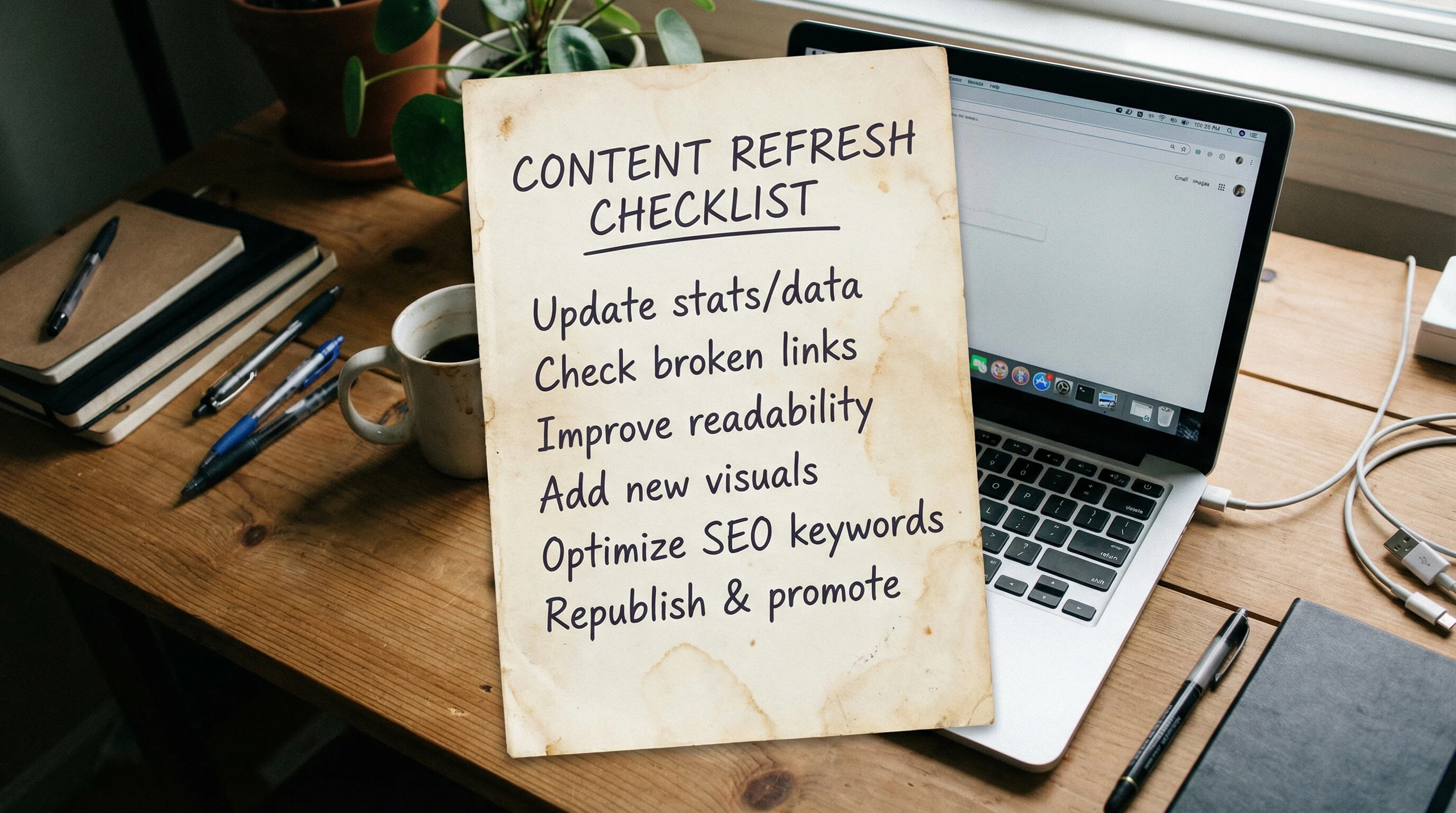 image of a simple content refresh checklist written on paper next to a laptop, natural desk clutter, overhead angle, soft shadows, practical and unpolished feel.