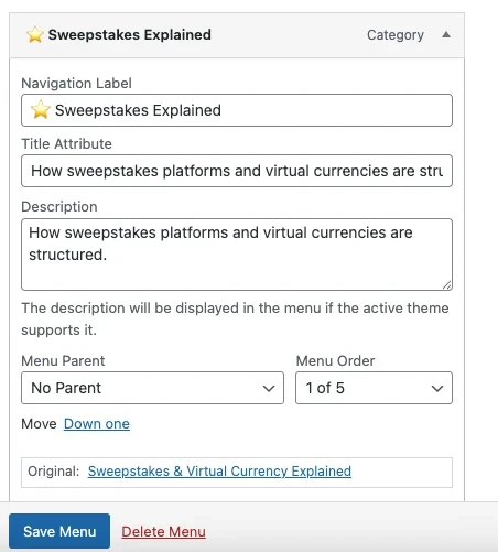 title attribute in menu