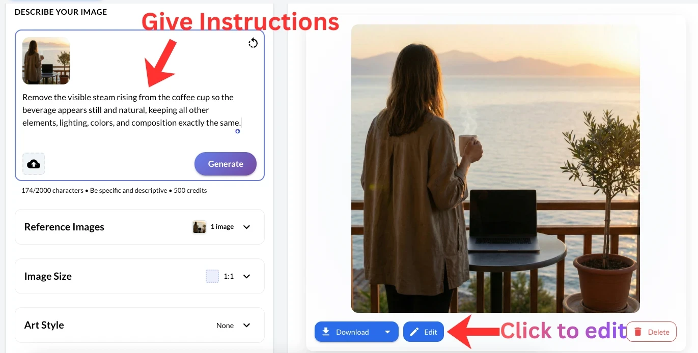 Canva arrows to show edit button and prompt area.