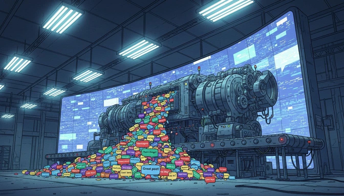 Illustration of a massive industrial machine dumping identical speech bubbles like “Great post” and “Thanks for sharing” onto the floor, symbolizing low-effort AI comments flooding online communities and draining authenticity.