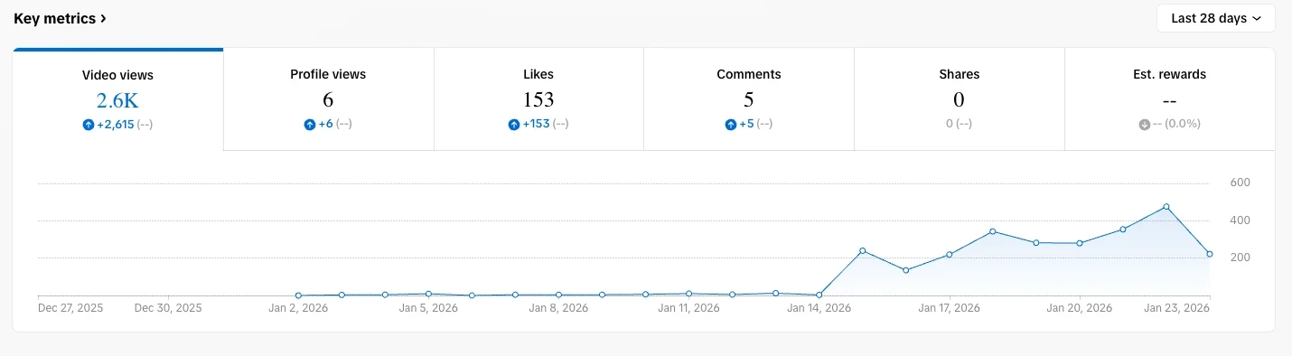 Newly created TikTok account metrics