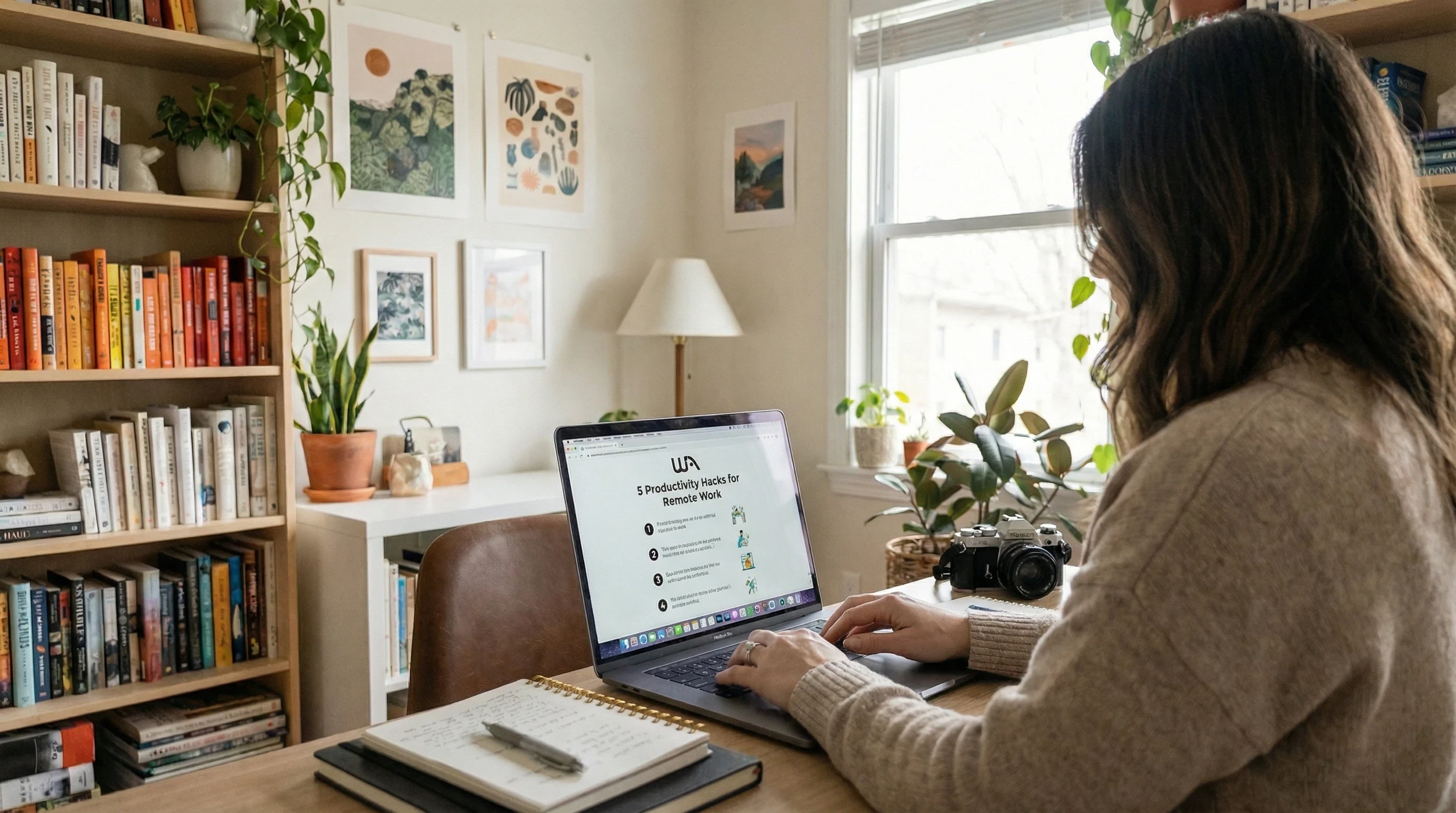 creator building a pillar post on their laptop at home in a very lived-in home office that is organized and welcoming.