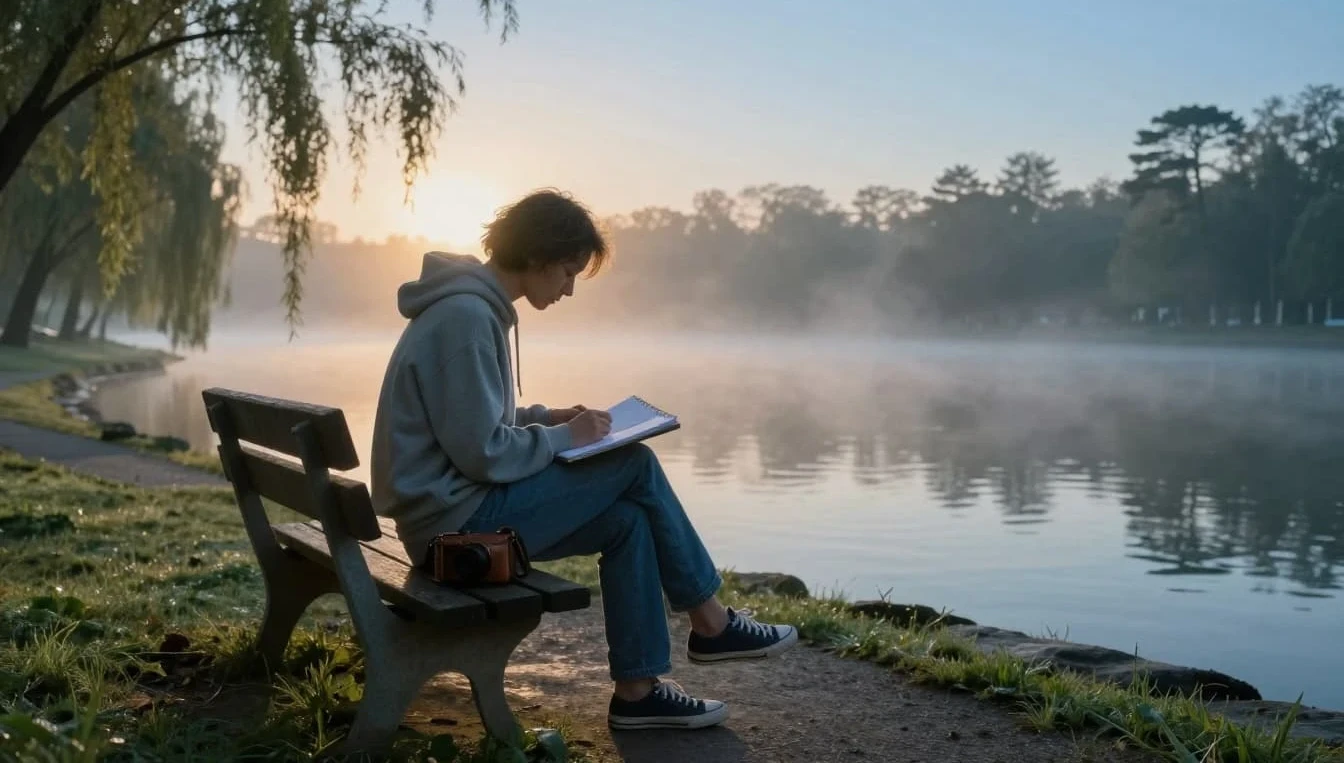 Thoughtful writer on a park bench by a misty lake at sunrise, looking at an open notebook with a camera nearby, symbolizing creativity inspired by real life moments.