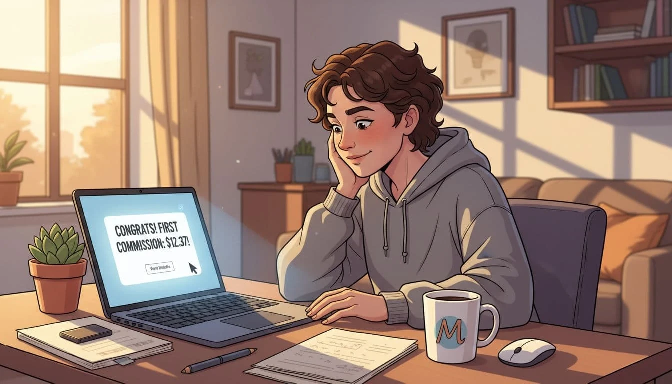 Beginner affiliate marketer seeing their first affiliate sale on a laptop.