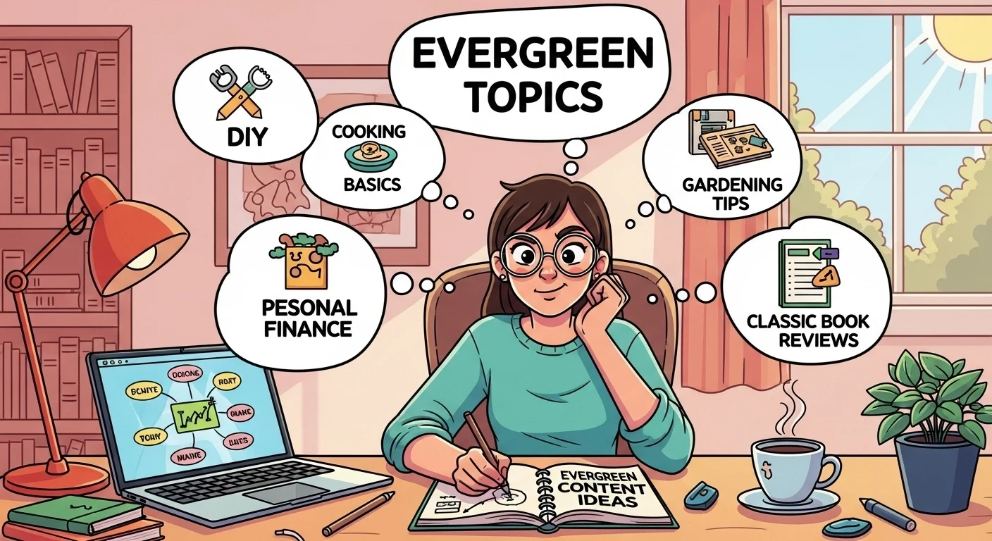 Vibrant cartoon illustration of a single blogger in a cozy home office holding a notepad with an evergreen topics checklist, surrounded by floating timeless icons, and a subtle stream of visitors approaching a glowing blog post.