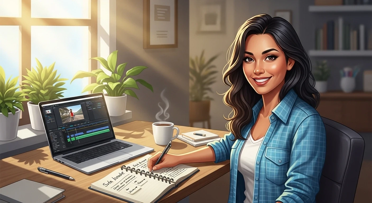 Illustration of a content creator in their 30s smiling confidently at a modern desk with laptop, notepad, and coffee in a bright sunny workspace.