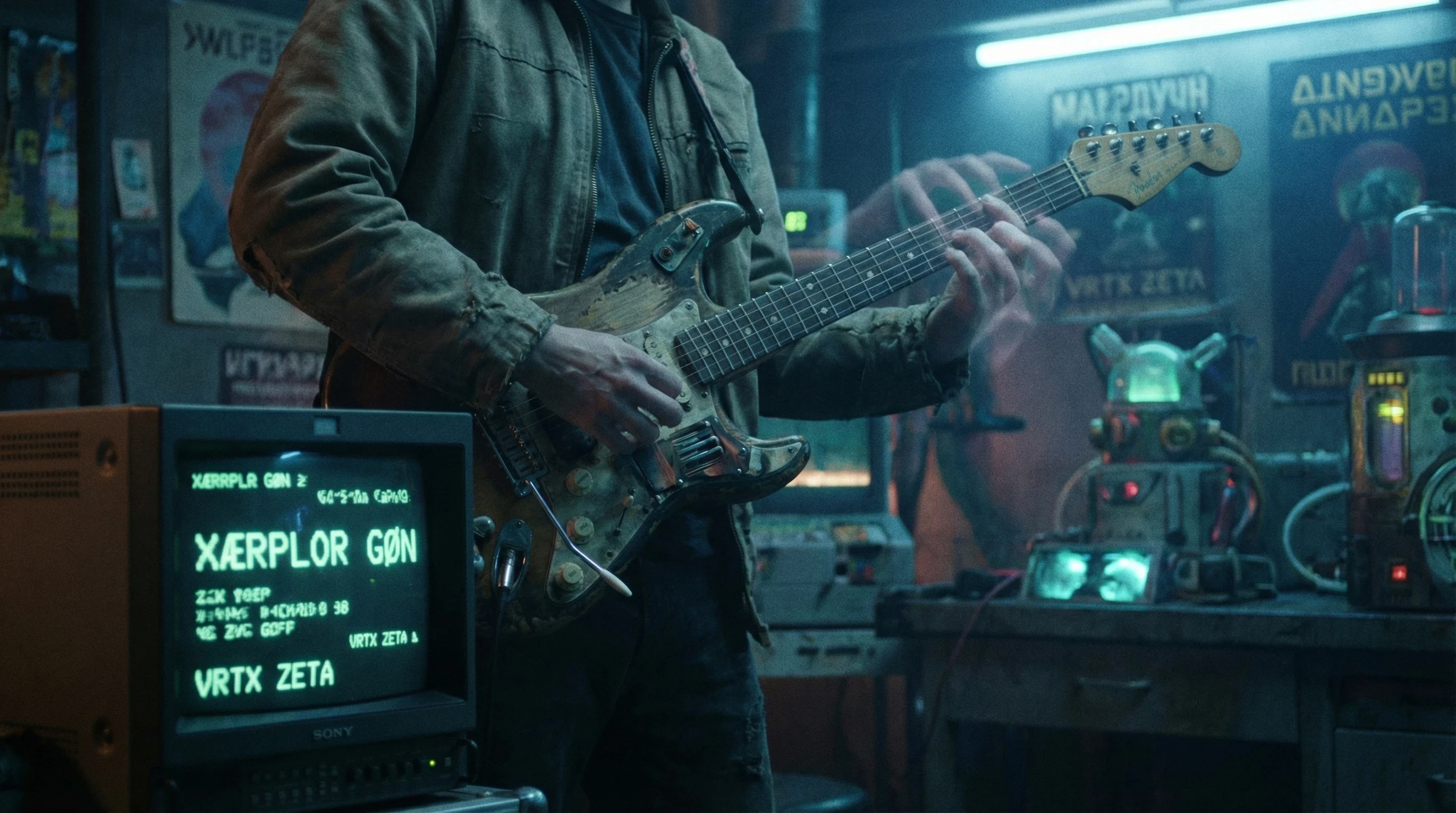 Distorted image of a person playing the guitar with flaws