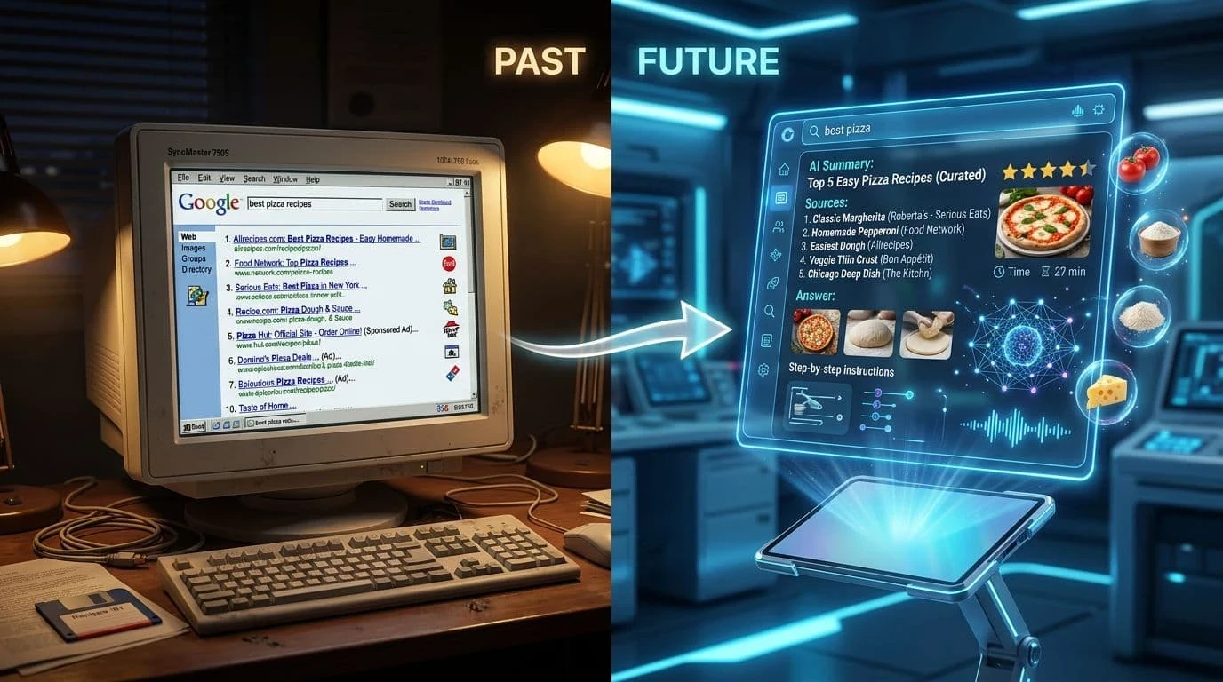 Comparison illustration showing traditional search engine results and modern AI-generated search answers.