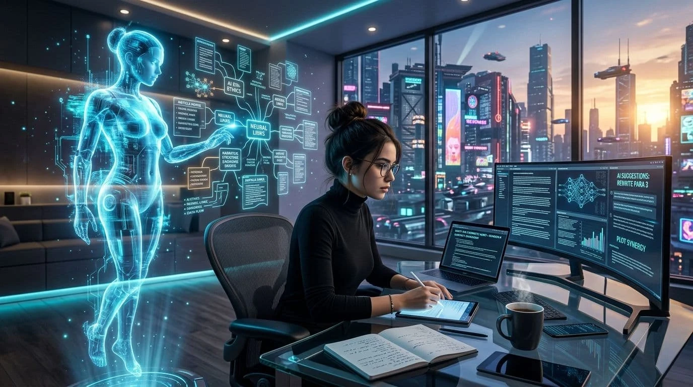 Illustration showing a human content creator working alongside an AI assistant generating ideas and drafts.