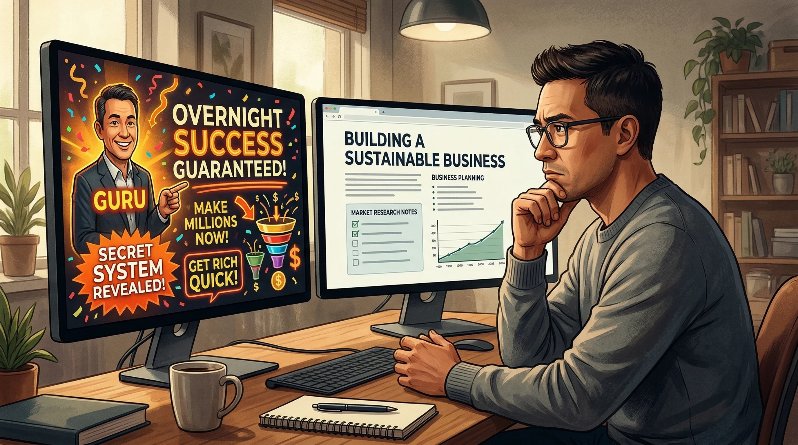 Contrast between flashy guru marketing promises and real online business work.