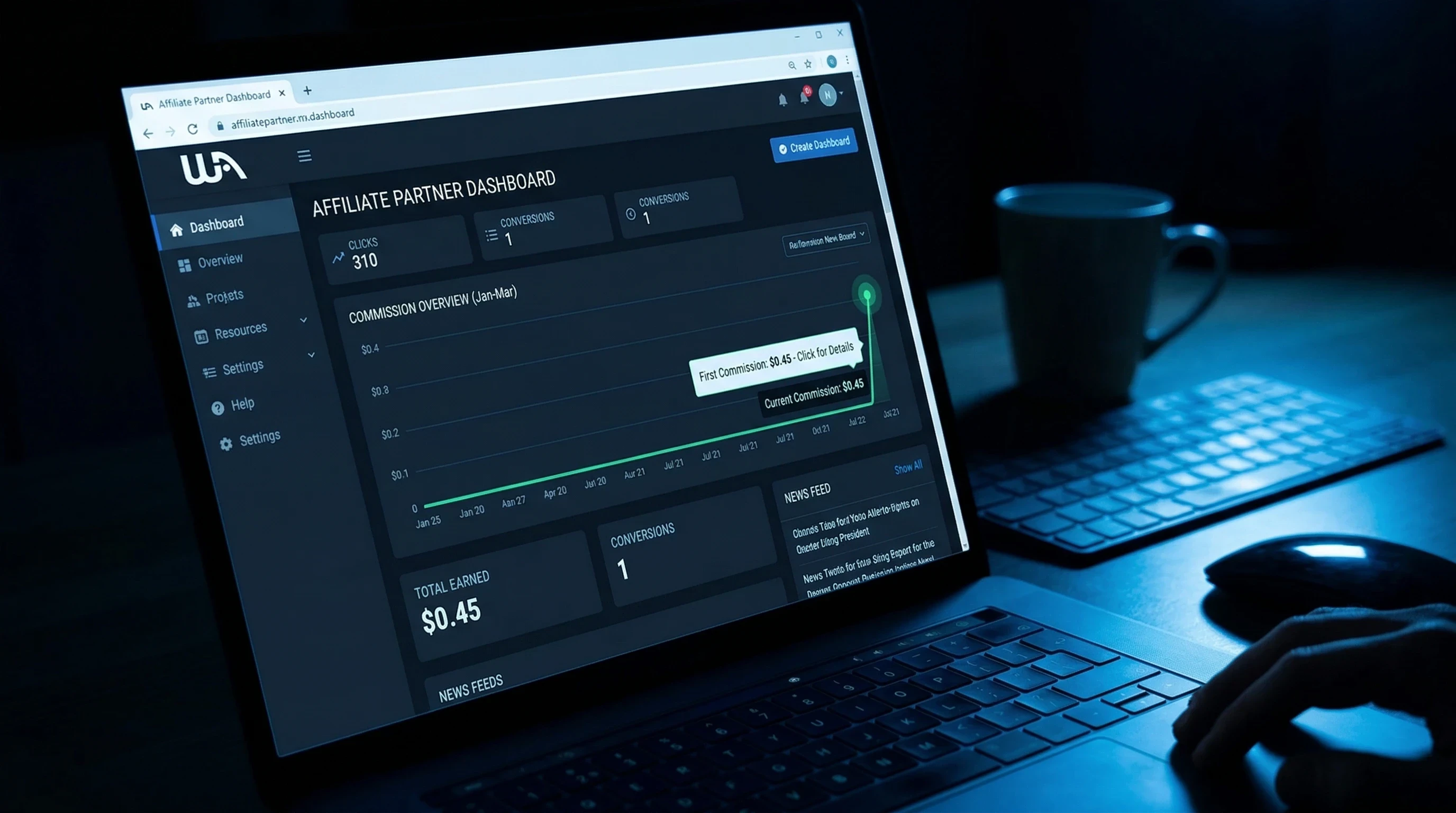 Affiliate dashboard showing the first small commission on a website.