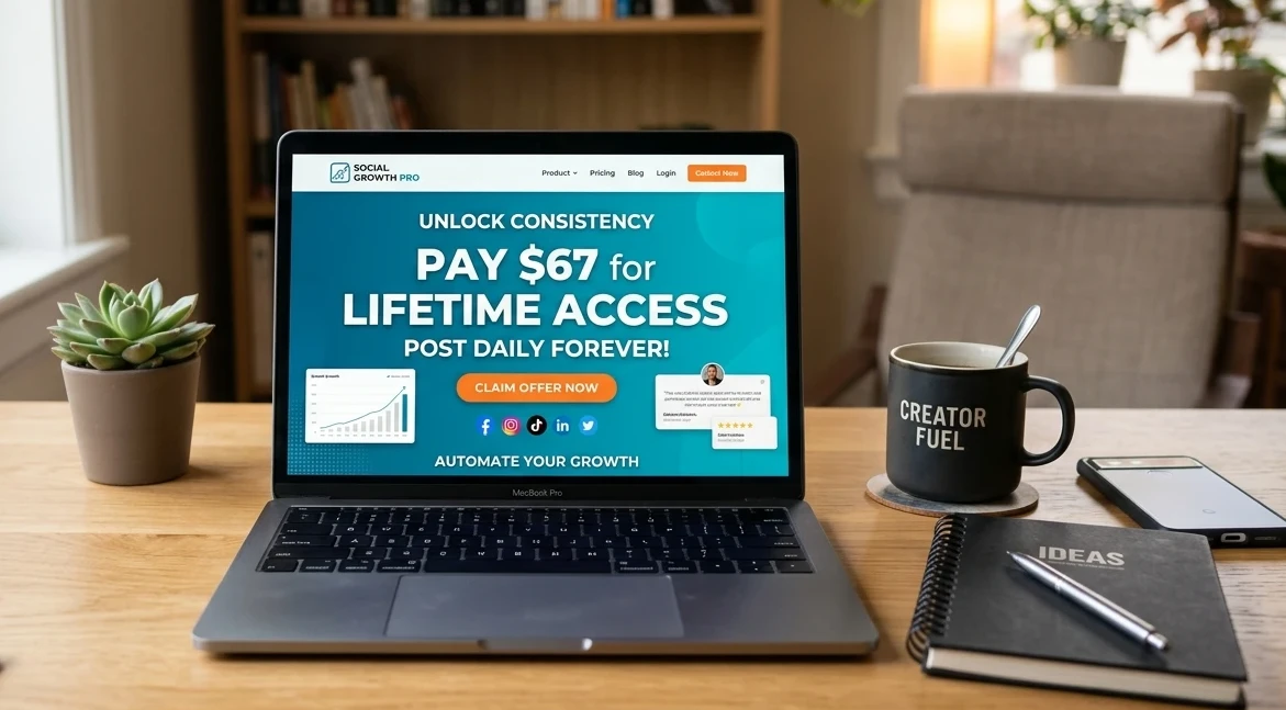 Laptop on a desk displaying a marketing ad promising $67 lifetime access for automated posting.