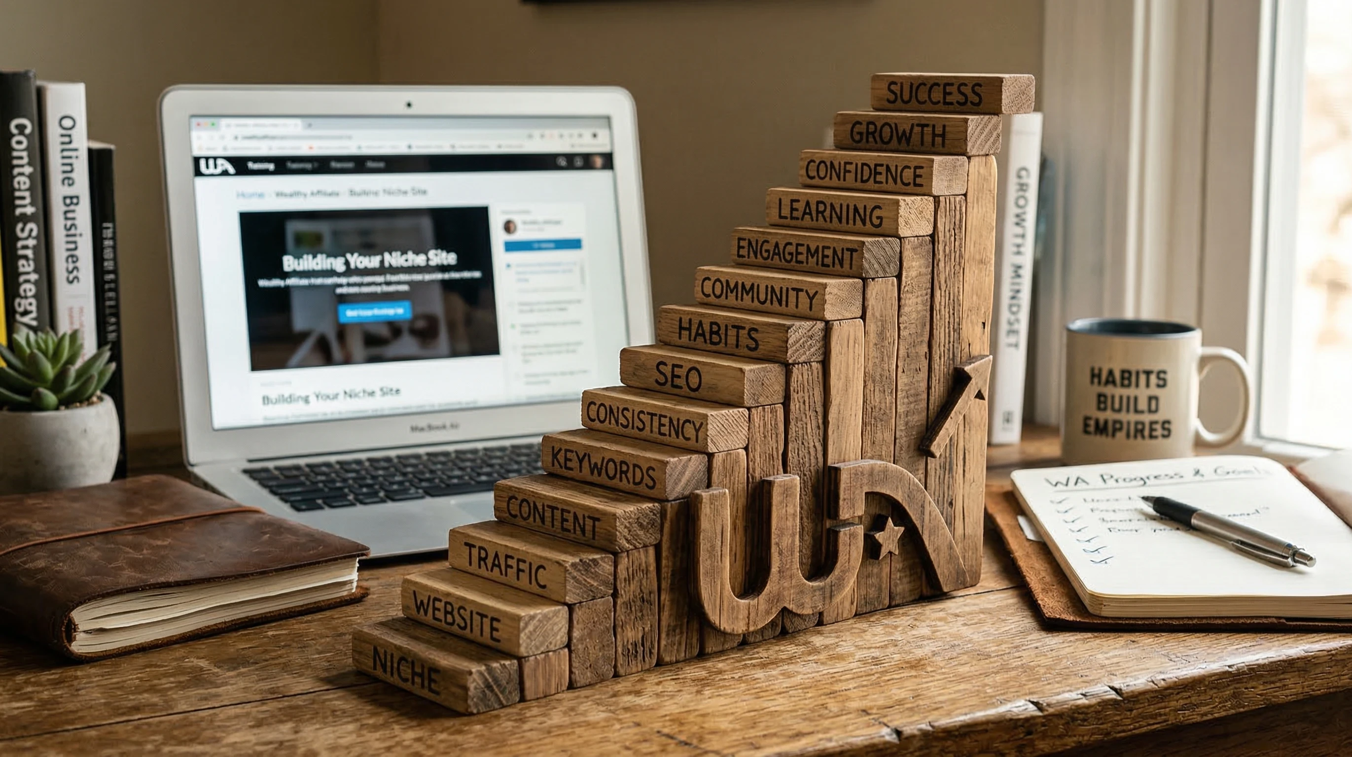 Visual showing step-by-step progress through the Wealthy Affiliate core training course