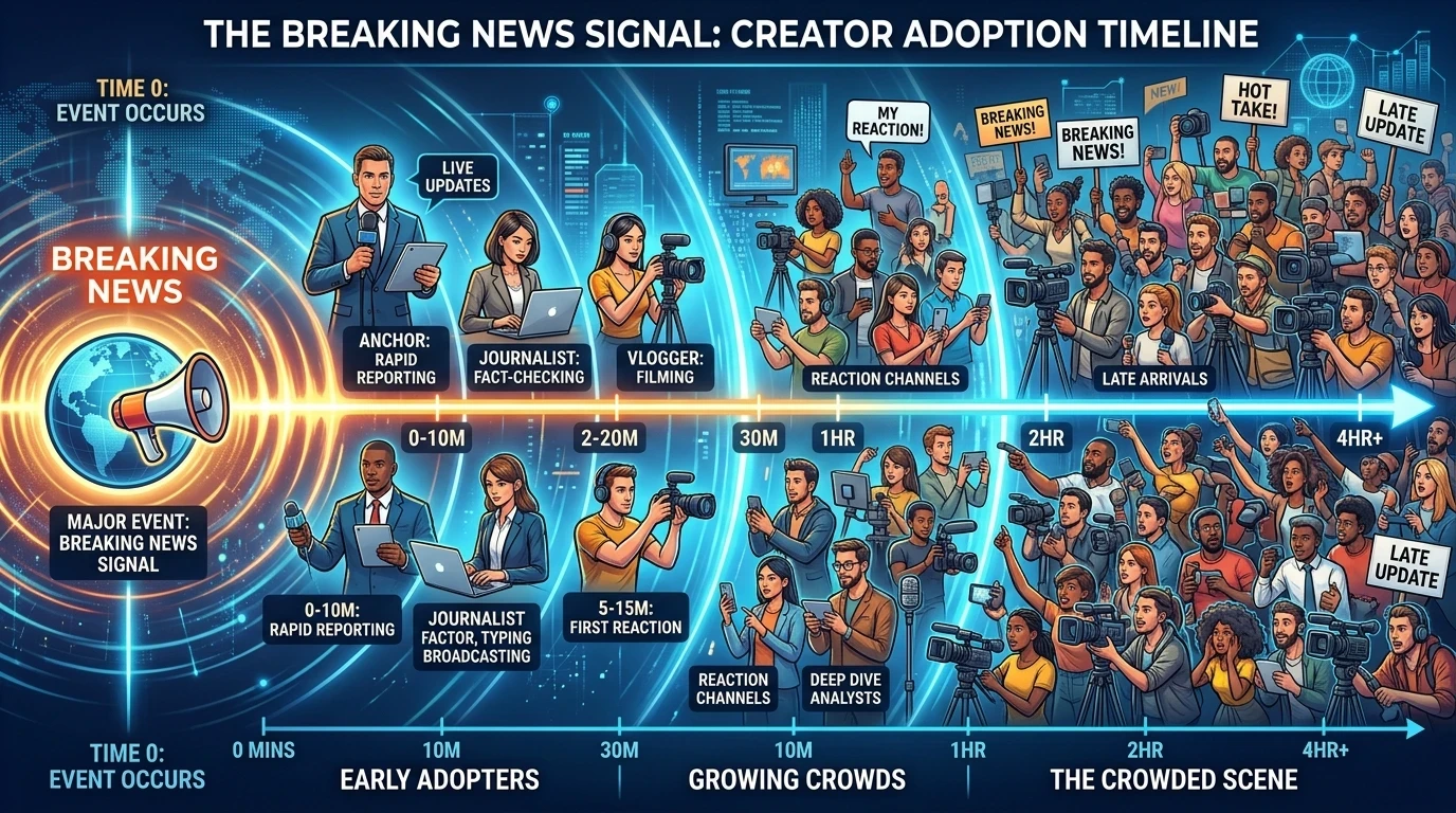 Early content creators reacting to a trending story before it becomes saturated