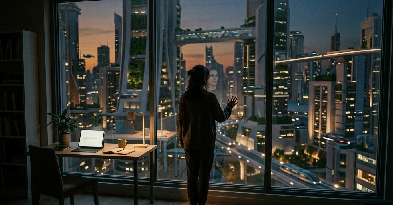 Person reflecting on the changes due to AI influence in the year 2200