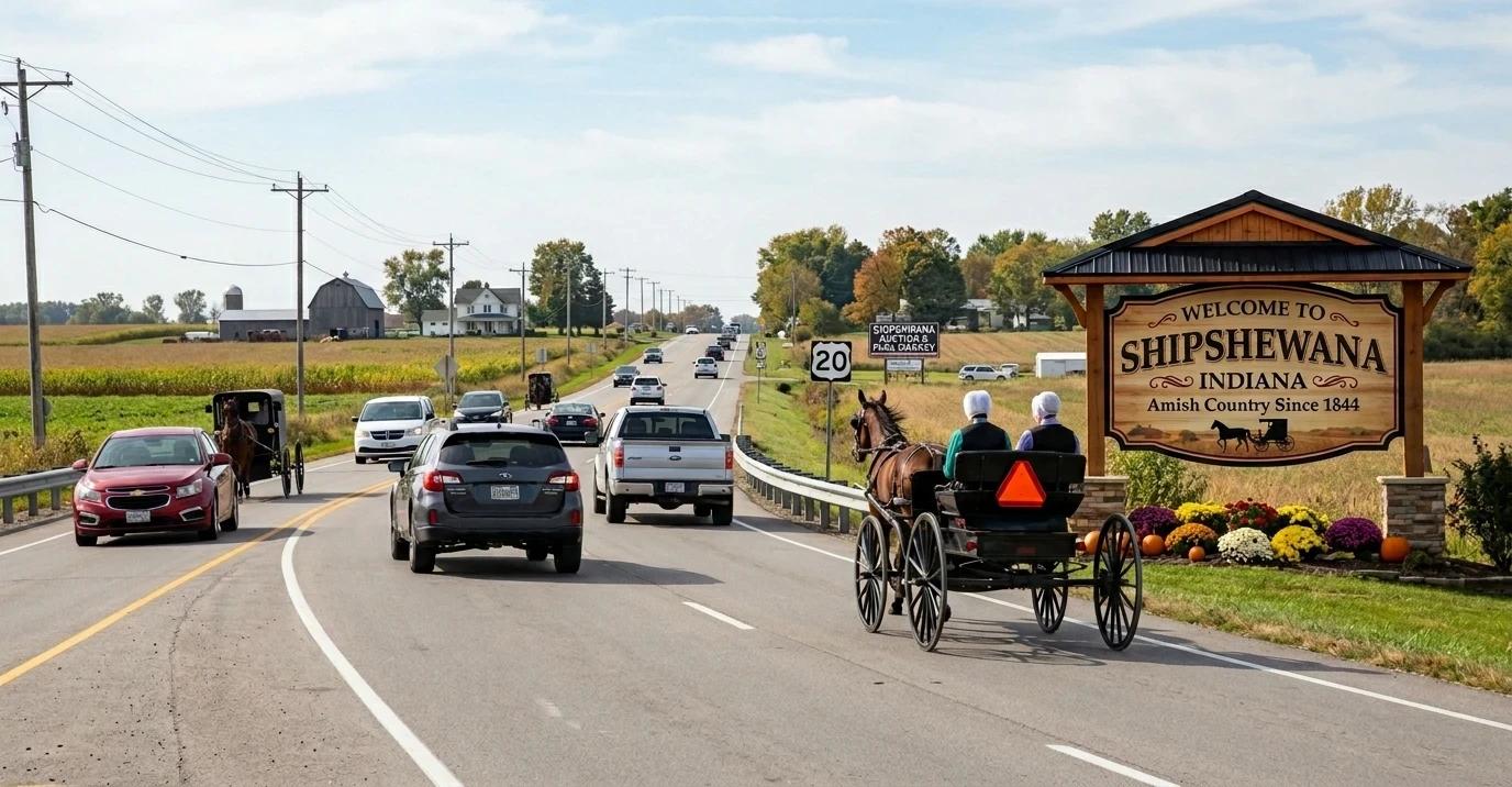 Welcome to Shipshewana sign and buggys on the highway 