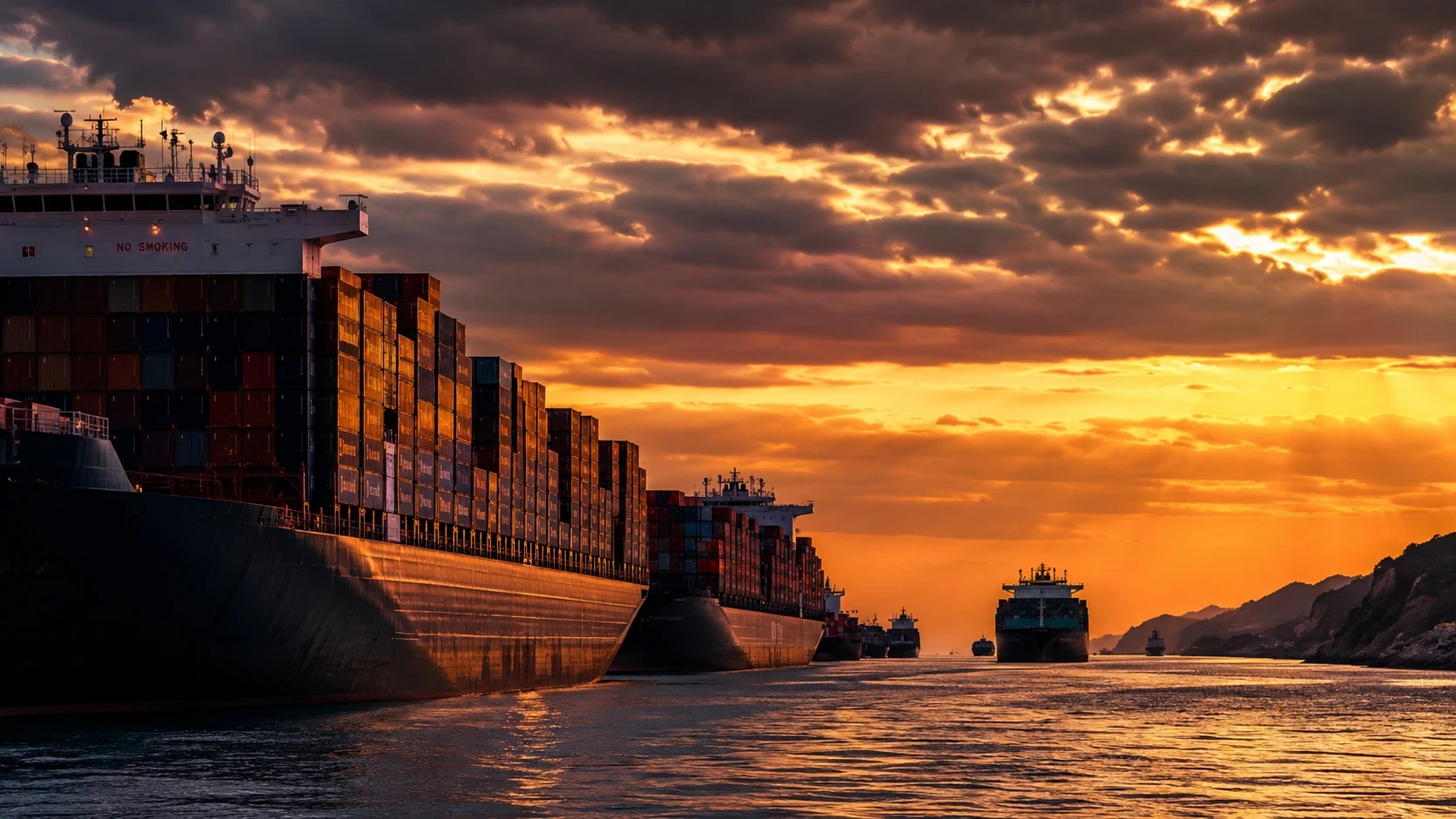 Cargo ships delayed near the Strait of Hormuz during global supply chain tensions.
