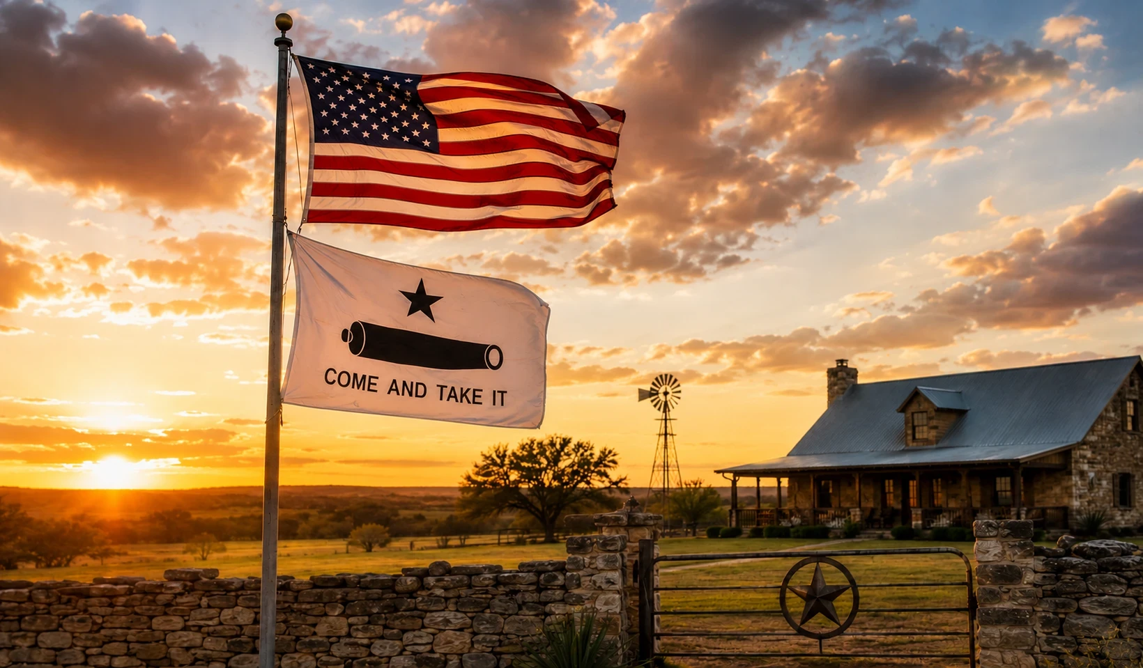 A flagpole in front of a Texas ranch with the US and Gonzalez flags flying in the wind.