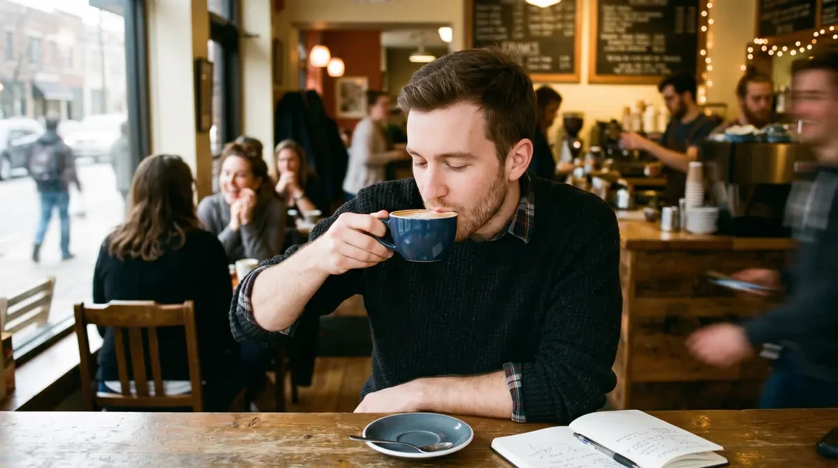 man drinking coffee in a cafe