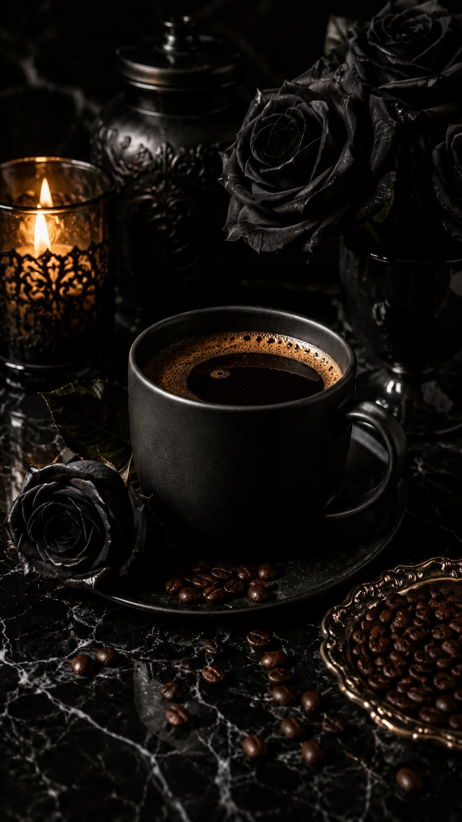 Dark Roast Glam with black roses.