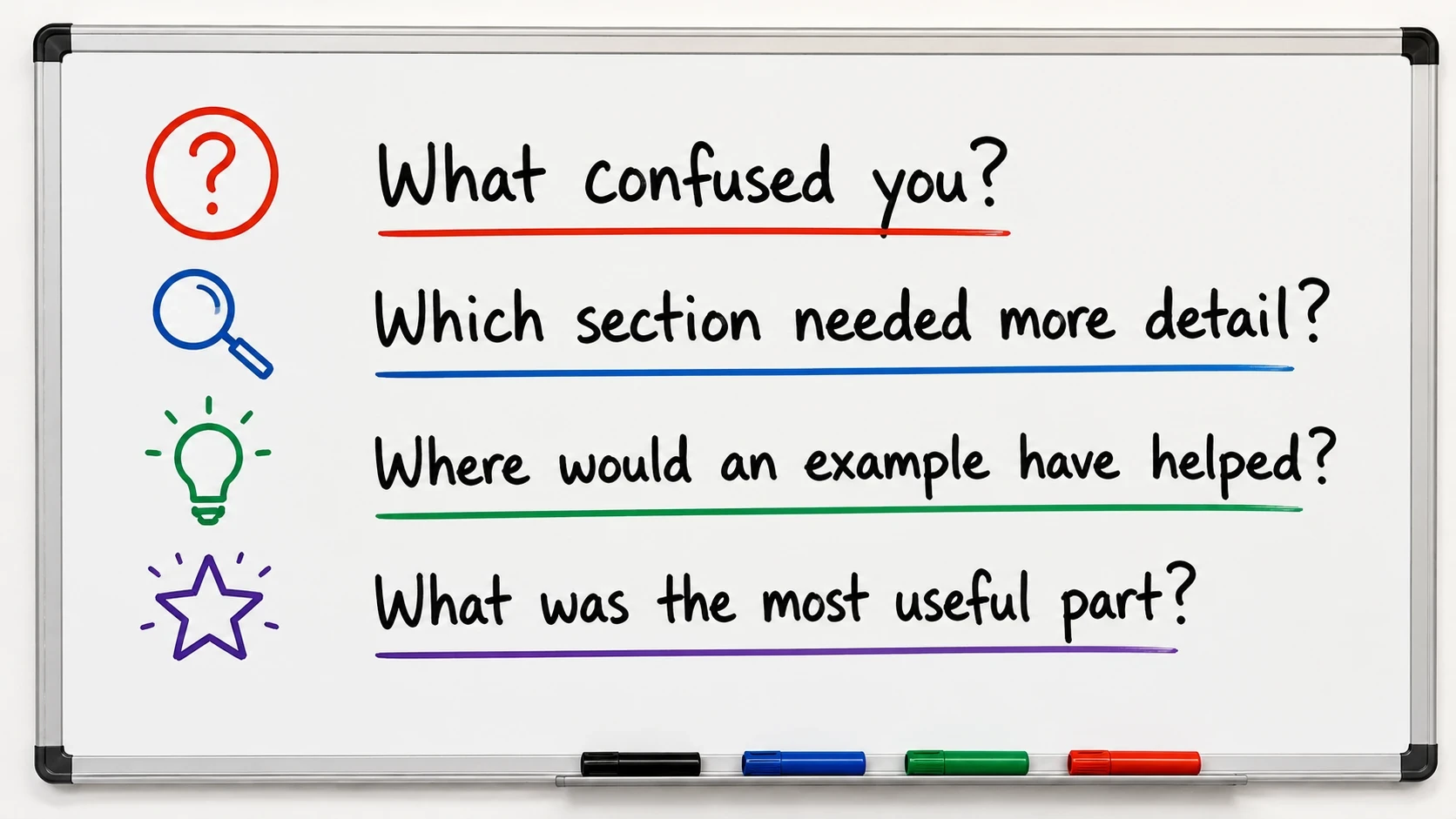 a whiteboard asking the questions- What confused you? Which section needed more detail? Where would an example have helped? What was the most useful part?