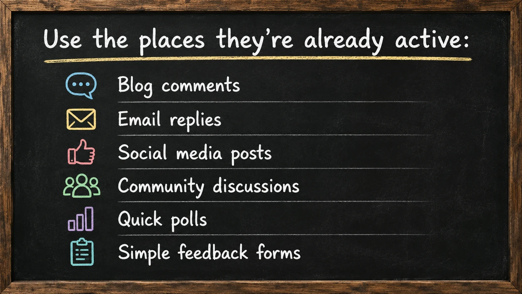a chalkboard presenting these points: Use the places they're already active: Blog comments Email replies Social media posts Community discussions Quick polls Simple feedback forms