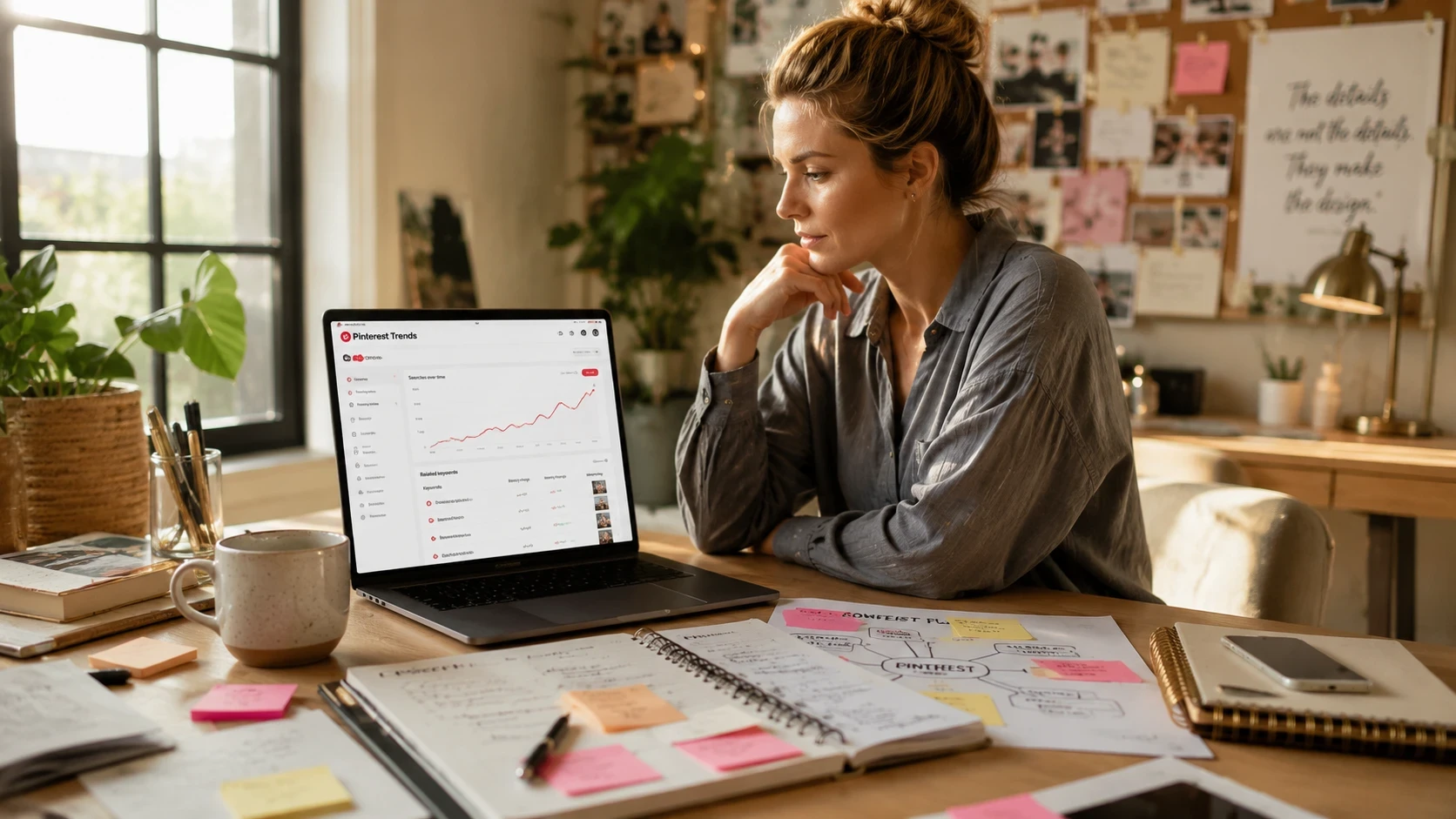 Content creator analyzing Pinterest Trends data to discover rising search topics and plan future content