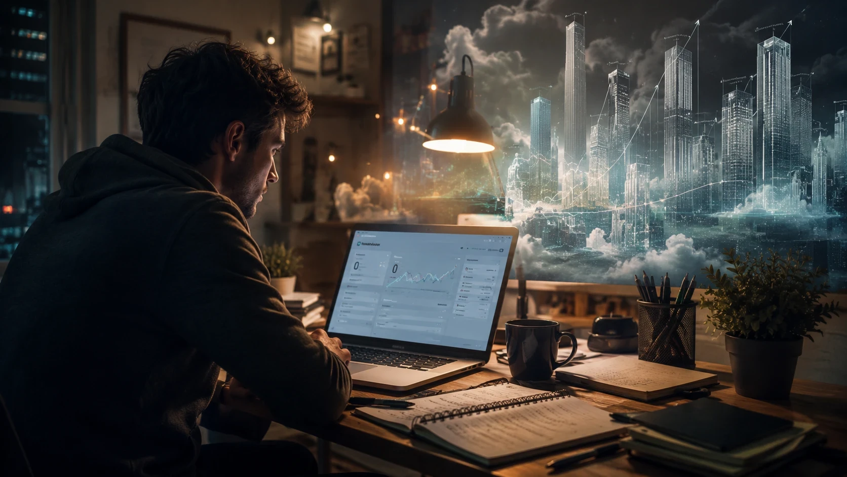 Entrepreneur looking at a website analytics dashboard with zero visitors while building a successful website from the ground up.
