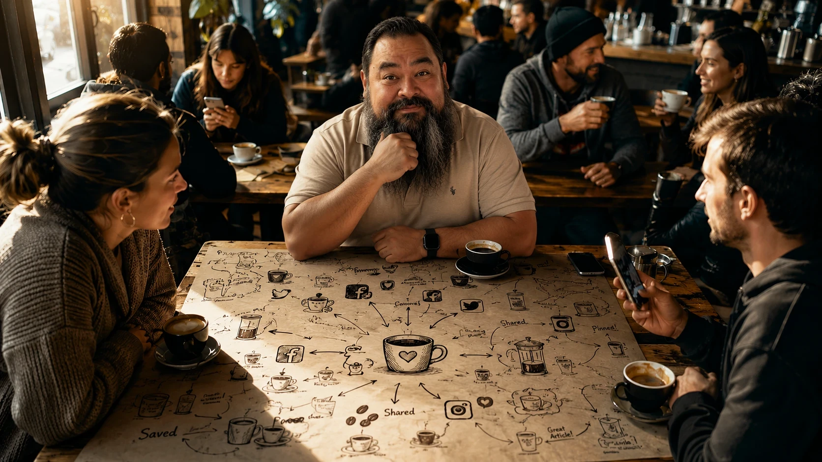 Me breaking down analytics on the table at a coffee shop