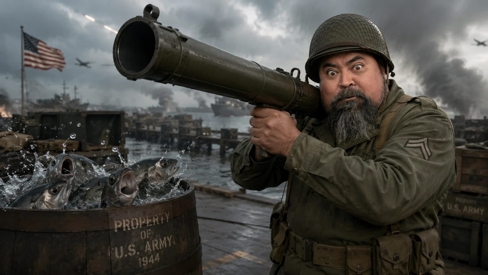 Me wearing a WW2 period uniform shooting fish in a barrel 