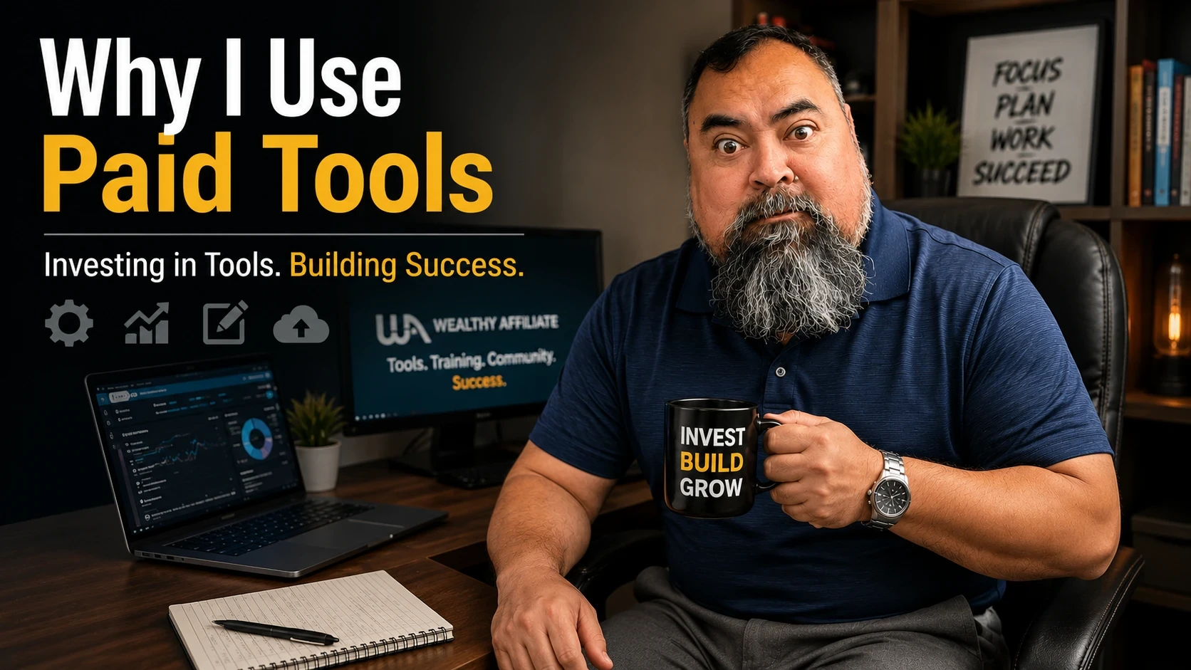TheAmazingMG sitting at a desk with a cup of coffee explaining why i use paid tools for my business