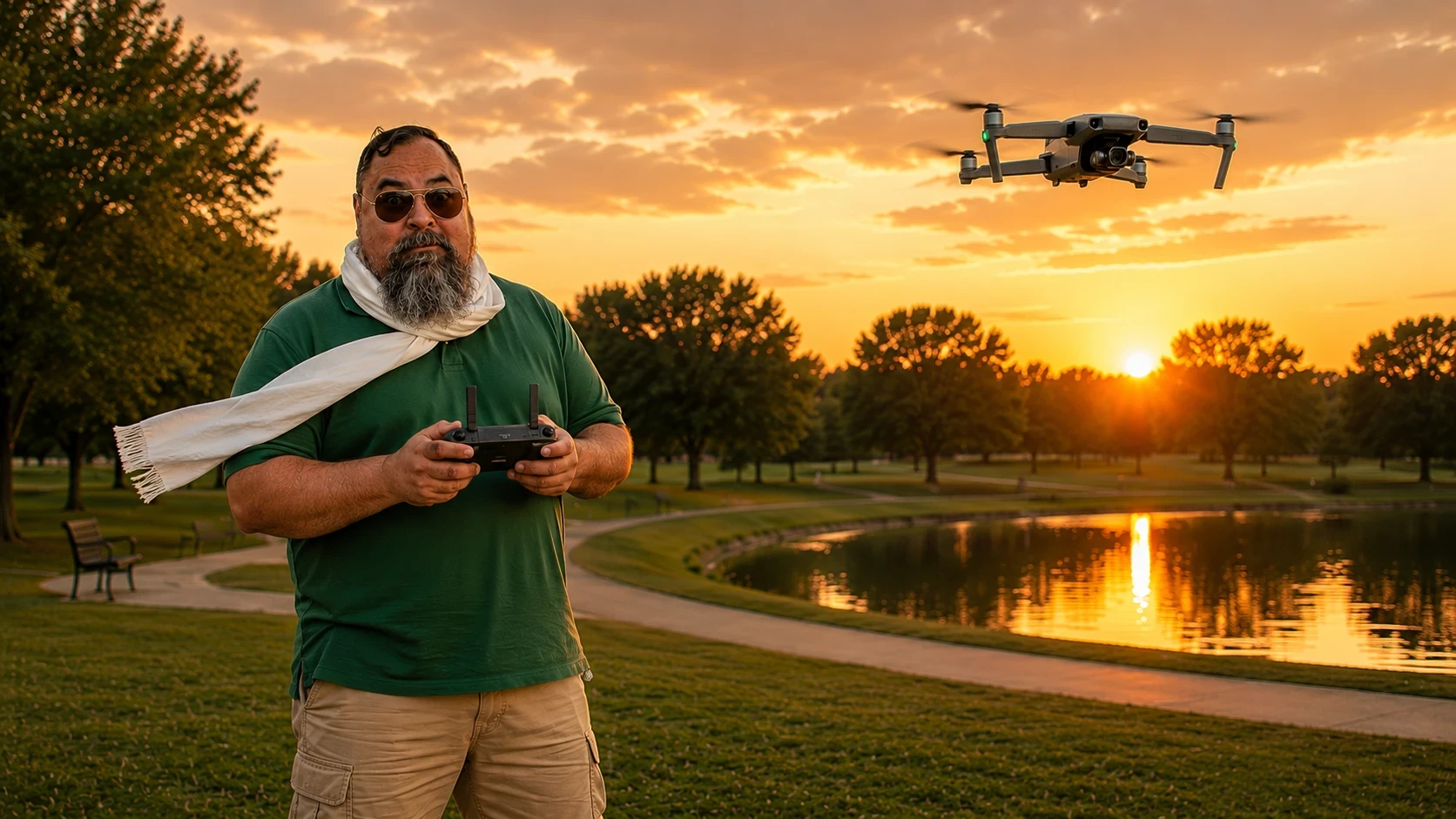 Michael Gray flying a drone at sunset wearing a scarf and aviator glasses. 