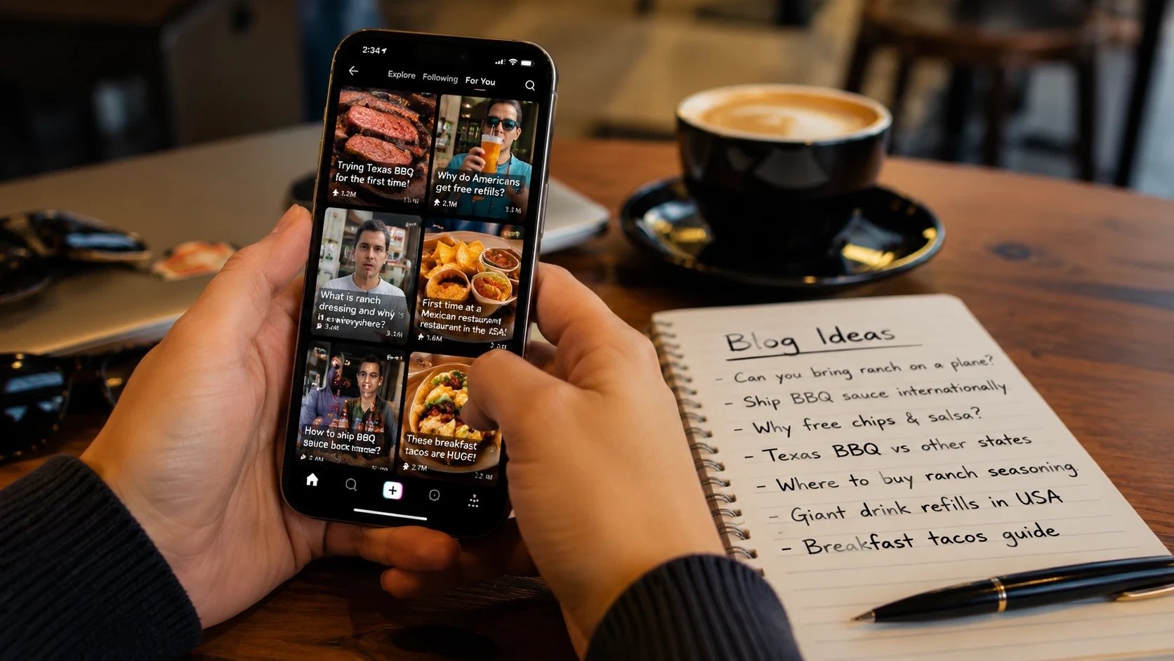 Content creator finding blog ideas by watching travel and food videos on social media.